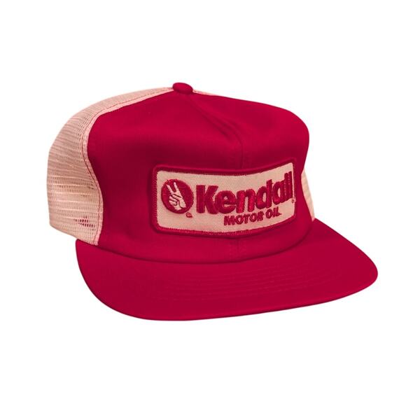 Vintage 80s Kendall Motor Oil Hat Red White Foam Front Mesh Snapback Cap USA - Picture 1 of 7